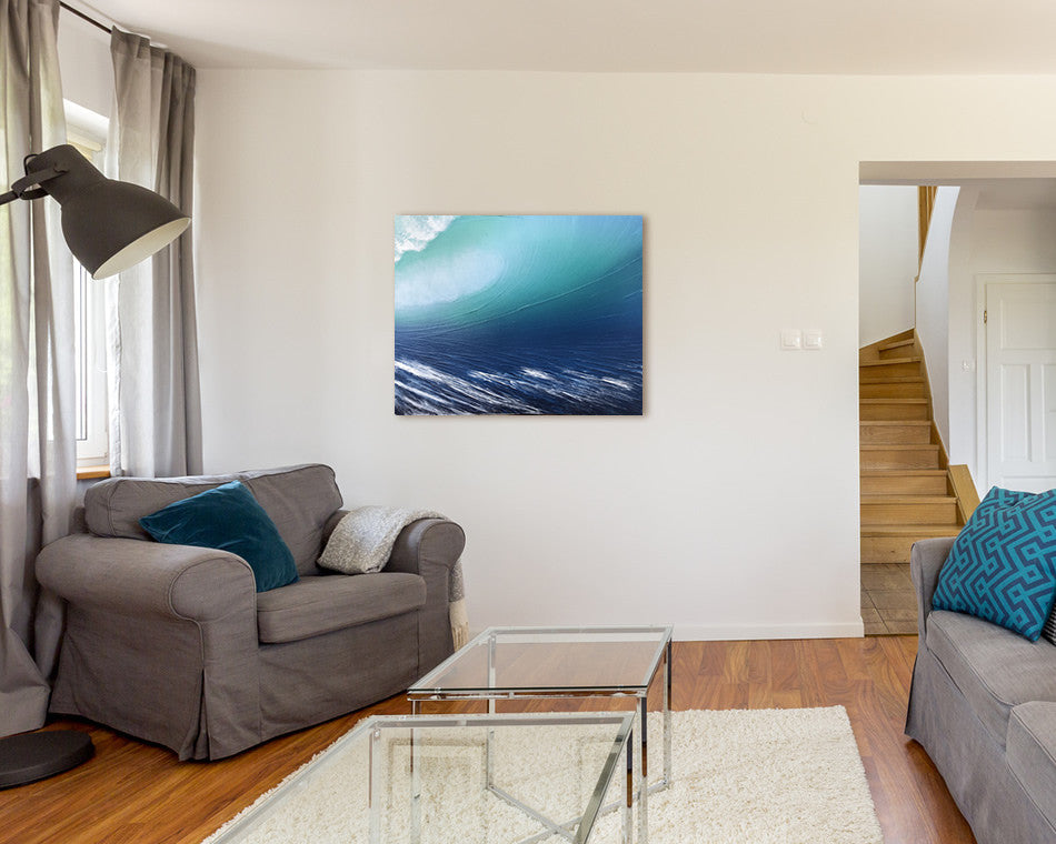 Breaking Waves painting hung in a living room, showing rough surf at Fistral Beach, Cornwall